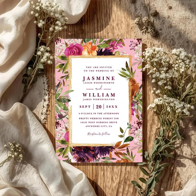 Convite Burgundy Flower Boho Rustic QR Code Wedding (Criador carregado)