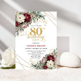 Convite Burgundy Flowers Eucalyptus Gold 80th Birthday