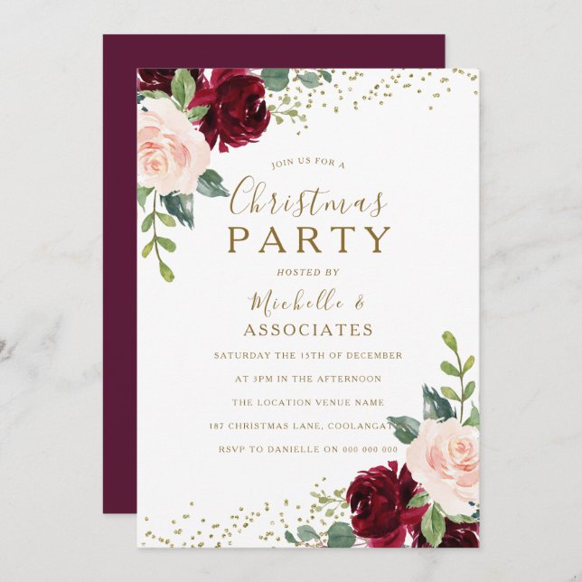 Convite Burgundy Flowers Office Family Christmas Party (Frente/Verso)