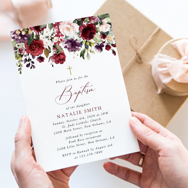 Convite Burgundy Flowers, Pink Flowers, Floral Baptism (Criador carregado)
