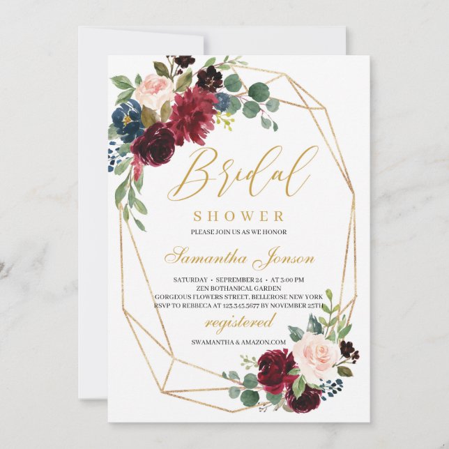 Convite Burgundy geométrica Dourada e floral rosa esbranqu (Frente)