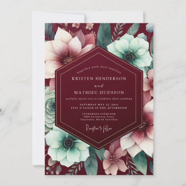 Convite Burgundy Gilded Bloom Wedding (Frente)