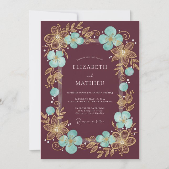 Convite Burgundy Gilded Blossom Romantic Wedding (Frente)