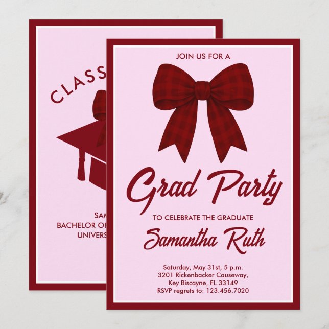 Convite Burgundy Gingham Bow Graduation Party (Frente/Verso)