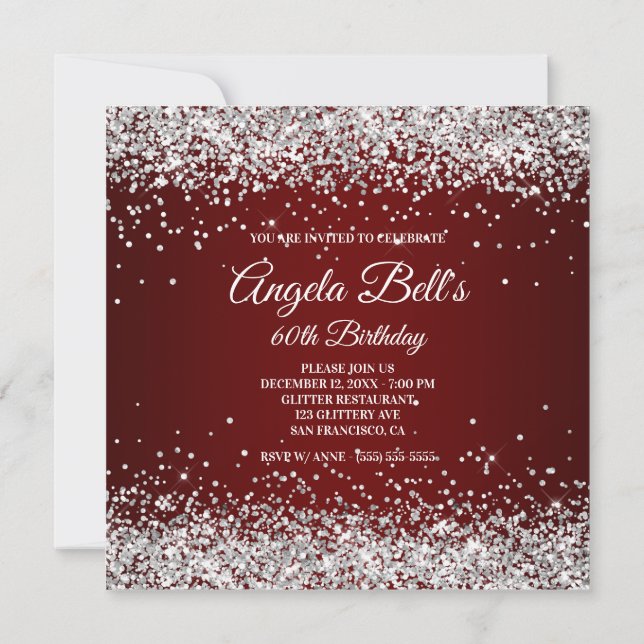 Convite Burgundy Glitter Glitter Faux Sparkly Silver (Verso)