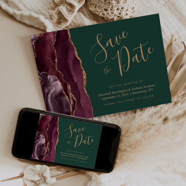 Convite Burgundy Gold Agate Green Save the Date Card (Criador carregado)