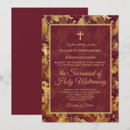Convite Burgundy & Gold Autumn Leaves Catholic Wedding