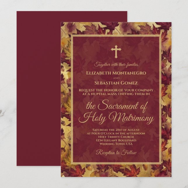 Convite Burgundy & Gold Autumn Leaves Catholic Wedding (Frente/Verso)