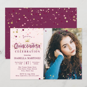 Convite Burgundy & Gold Confetti Quinceañera com Foto