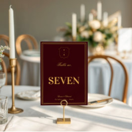 Convite Burgundy Gold Crest Monogram Wedding Table Number