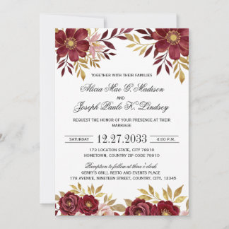 Convite Burgundy Gold Elegant Modern Wedding Invitation