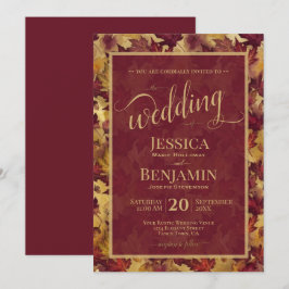 Convite Burgundy & Gold Fall Leaves Stylish Script Wedding