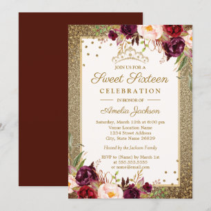Convite Burgundy Gold floral Brilho Sweet Sixteen