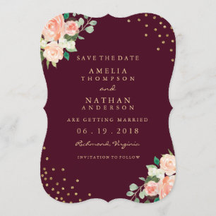 Convite Burgundy Gold Floral Confetti Save The Dat