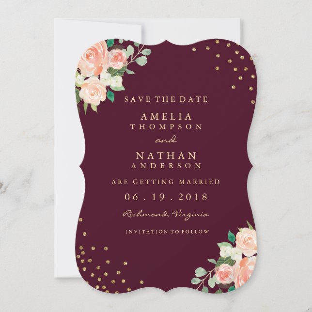 Convite Burgundy Gold Floral Confetti Save The Dat (Frente)