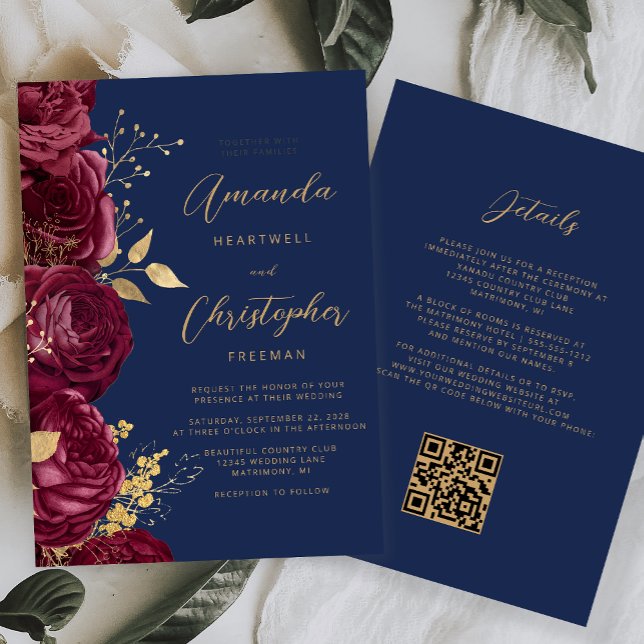 Convite Burgundy Gold Floral QR Code Wedding (Criador carregado)