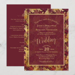 Convite Burgundy & Gold Leaves Calligraphy QR Code Wedding