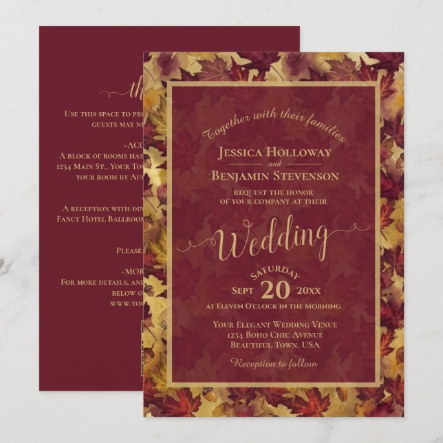 Convite Burgundy & Gold Leaves Calligraphy QR Code Wedding (Frente/Verso)