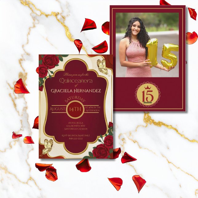 Convite Burgundy & Gold Quinceañera Photo Invitation (Criador carregado)