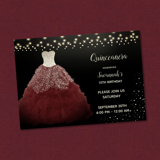 Convite Burgundy Gown com String Lights Quinceanera (Criador carregado)