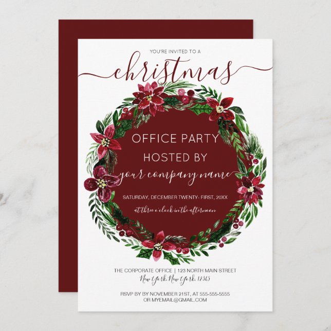 Convite Burgundy Green Floral Wreath Corporate Christmas (Frente/Verso)