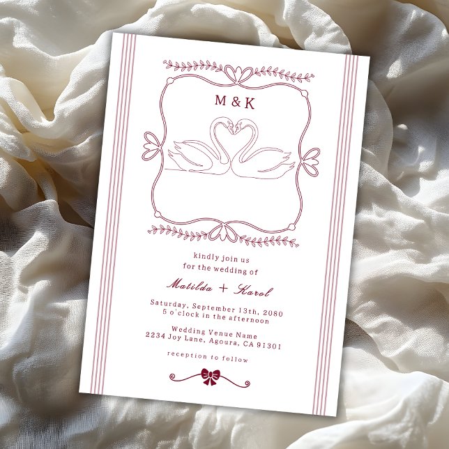 Convite Burgundy Hand Drawn Swan Stripes Monogram Wedding (Criador carregado)