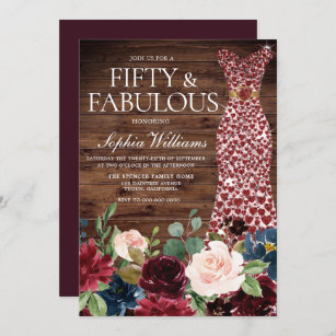 Convite Burgundy Heart Dress Rustic Floral 50º Aniversário