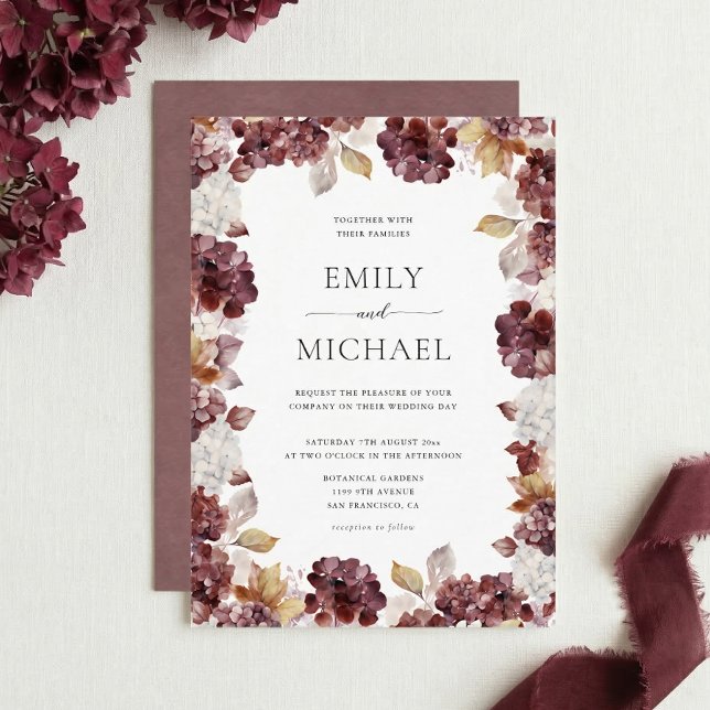 Convite Burgundy Hydrangea Floral Wedding Invitation (Criador carregado)