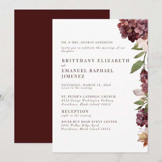 Convite Burgundy Hydrangeas Floral 2 Venue Wedding (Frente/Verso)