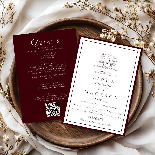 Convite Burgundy & Ivory botanical crest All in onewedding (Criador carregado)