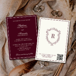 Convite Burgundy & Ivory Crest Old Money QR Code Wedding