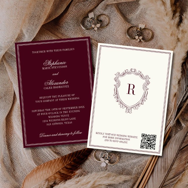 Convite Burgundy & Ivory Crest Old Money QR Code Wedding (Criador carregado)