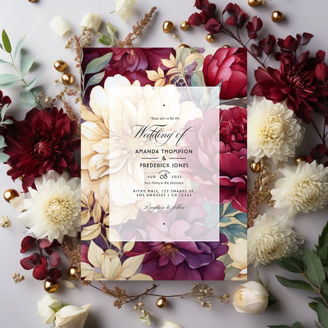 Convite Burgundy, Ivory e Dourado Casamento Floral (Criador carregado)