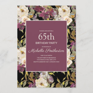 Convite Burgundy Ivory Floral Foliage Black 65th Birthday