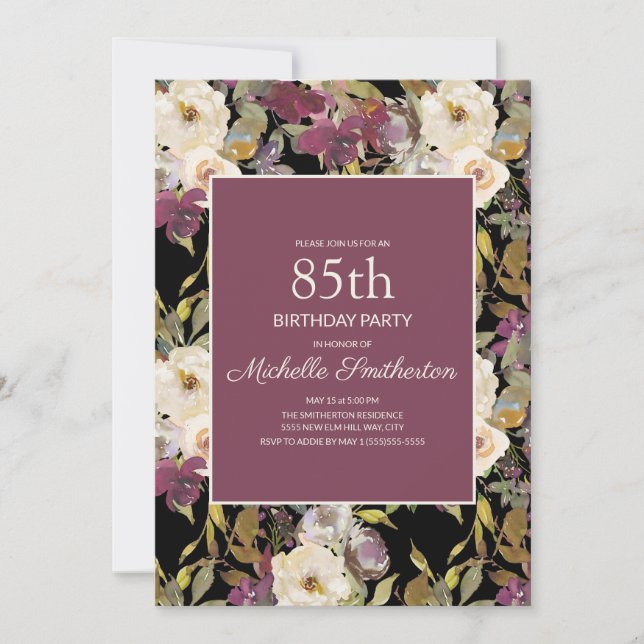 Convite Burgundy Ivory Floral Foliage Black 85th Birthday (Frente)