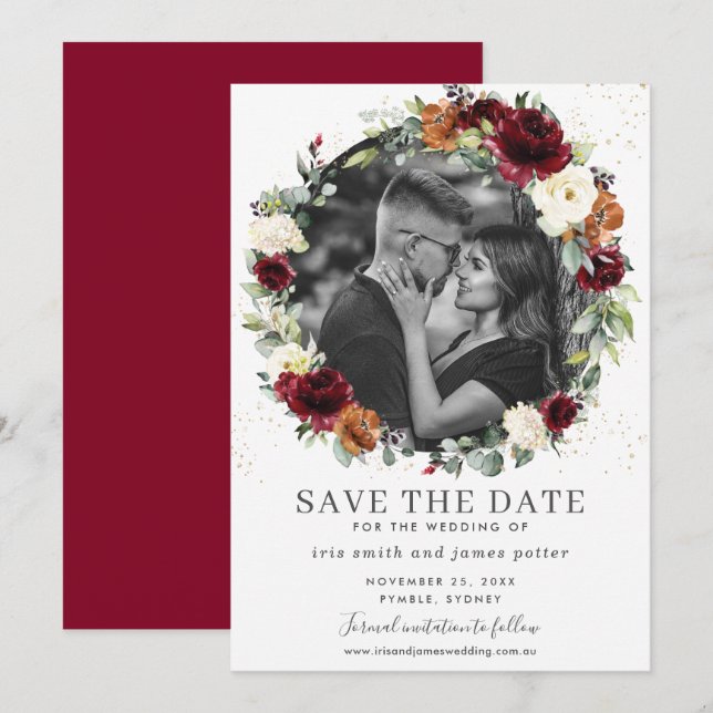 Convite Burgundy Ivory Floral Photo Save the Date Card (Frente/Verso)