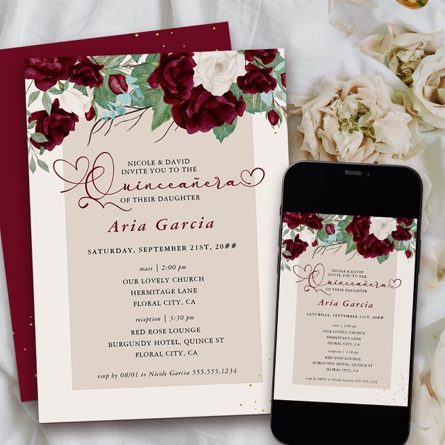 Convite Burgundy Ivory Floral Rosas Quinceanera e Massa (Invitation to Quinceanera and Church blessing from my Royal Roses collection)
