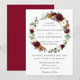 Convite Burgundy Ivory Rust Orange Floral Wreath Casamento