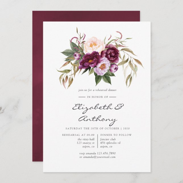 Convite Burgundy - Janto de ensaio de Marsala e Peach (Frente/Verso)