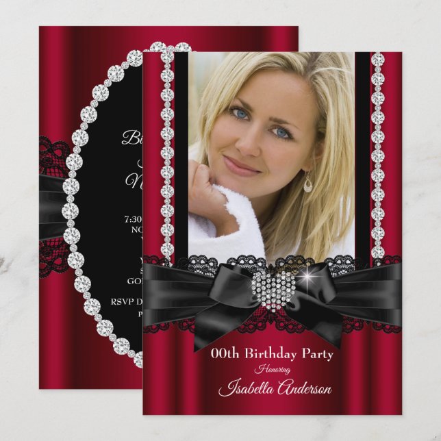 Convite Burgundy Lace Diamond Heart Festa de aniversário (Frente/Verso)