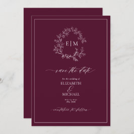 Convite Burgundy Leafy Crest Monograma Salvar Data