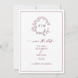 Convite Burgundy Leafy Crest Monograma Salvar Data