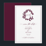 Convite Burgundy Leafy Crest Monograma Salvar Data<br><div class="desc">Eterno. Sofisticado. Totalmente inesquecível. Este Monograma da Folha de Borgonha Salve a Data é a introdução perfeita para sua celebração de casamento. Com seu refinado monograma de coroa botânica, roteiro elegante e sotaques de burlões profundos, este design evoca um senso de romance clássico e luxo sem esforço. Uma escolha impecável...</div>