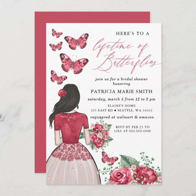 Convite Burgundy Lifetime de Chá de panela de Borboletas (Frente/Verso)