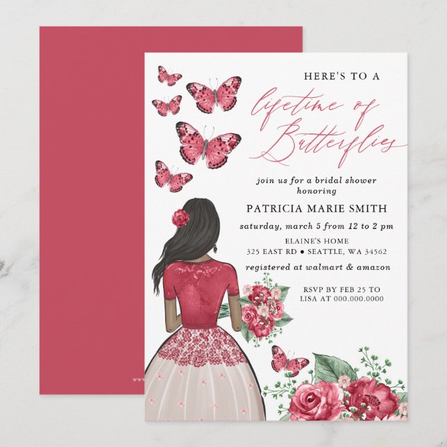 Convite Burgundy Lifetime de Chá de panela de Borboletas (Frente/Verso)