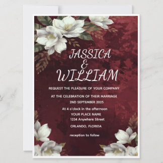 Convite Burgundy & Magnolia Garden Floral Wedding Invitati