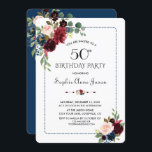 Convite Burgundy Marinho Azul Frame Floral 50º Aniversário<br><div class="desc">QUALQUER IDADE! Design de cartão elegante com uma bela aquarela Brilhante buquês de flores borgonhentas, divisor floral, bela moldura azul pontilhada sobre fundo branco; no fundo, as mesmas flores sobre fundo azul marinho. Use a ferramenta Personalizar para adicionar suas informações e fazer alterações. Para obter itens correspondentes, visite minha Coleção...</div>