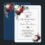 Convite Burgundy Marinho Azul Frame Floral 50º Aniversário<br><div class="desc">QUALQUER IDADE! Design de cartão elegante com uma bela aquarela Brilhante buquês de flores borgonhentas, divisor floral, bela moldura azul pontilhada sobre fundo branco; no fundo, as mesmas flores sobre fundo azul marinho. Use a ferramenta Personalizar para adicionar suas informações e fazer alterações. Para obter itens correspondentes, visite minha Coleção...</div>