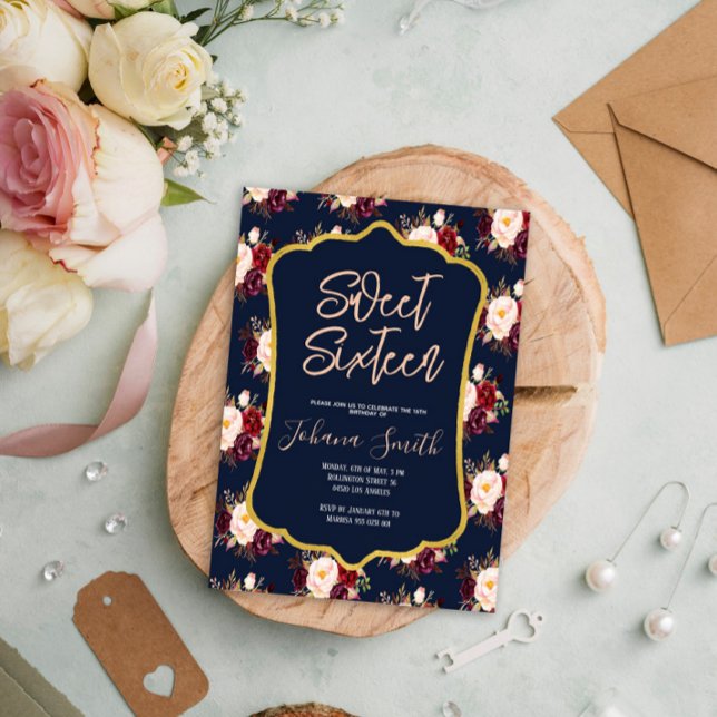 Convite Burgundy Marinho Blue Peony Floral 16º Aniversário (Criador carregado)