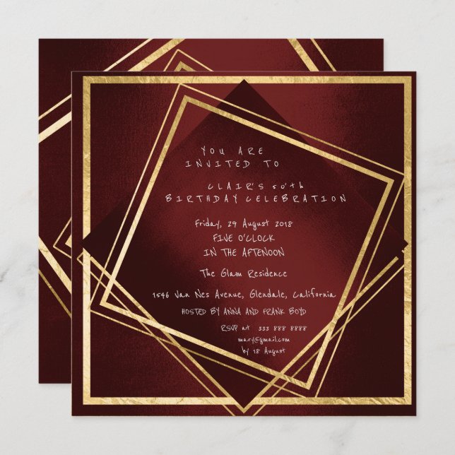 Convite Burgundy Maroon Geometry Ouro Square Aniversário (Frente/Verso)